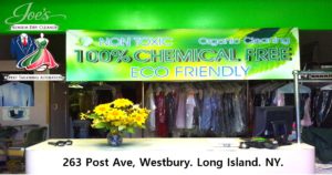 Joe’s Organic Dry Cleaners storefront in Westbury NY offering eco-friendly dry cleaning and tailoring