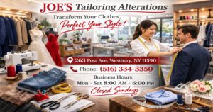 Tailor adjusting clothing in Westbury alteration shop