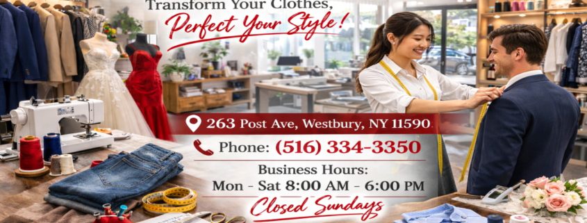 Tailor adjusting clothing in Westbury alteration shop