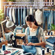 Tailor working meticulously on a pair of jeans in a bright and organized workshop. She is using a sewing machine, surrounded by tools