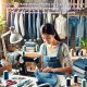 Tailor working meticulously on a pair of jeans in a bright and organized workshop. She is using a sewing machine, surrounded by tools