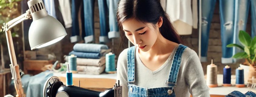 Tailor working meticulously on a pair of jeans in a bright and organized workshop. She is using a sewing machine, surrounded by tools