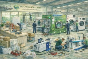 Stain removal and spotting station at Joe’s Organic Dry Cleaners with a technician treating a garment