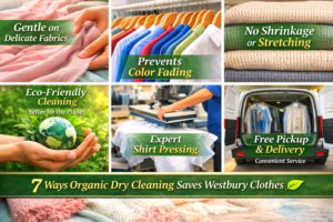7 ways organic dry cleaning saves Westbury clothes—less fading, fewer set stains, better shape + FREE pickup & delivery at Joe’s.