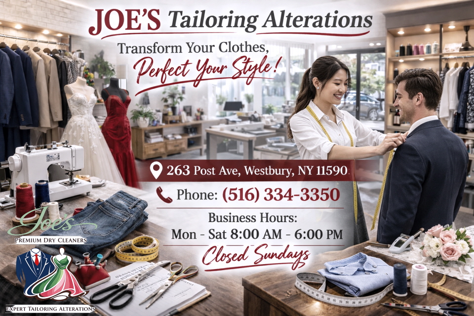 Expert tailoring alterations and custom garment fitting at Joe’s Organic Dry Cleaners in Westbury NY