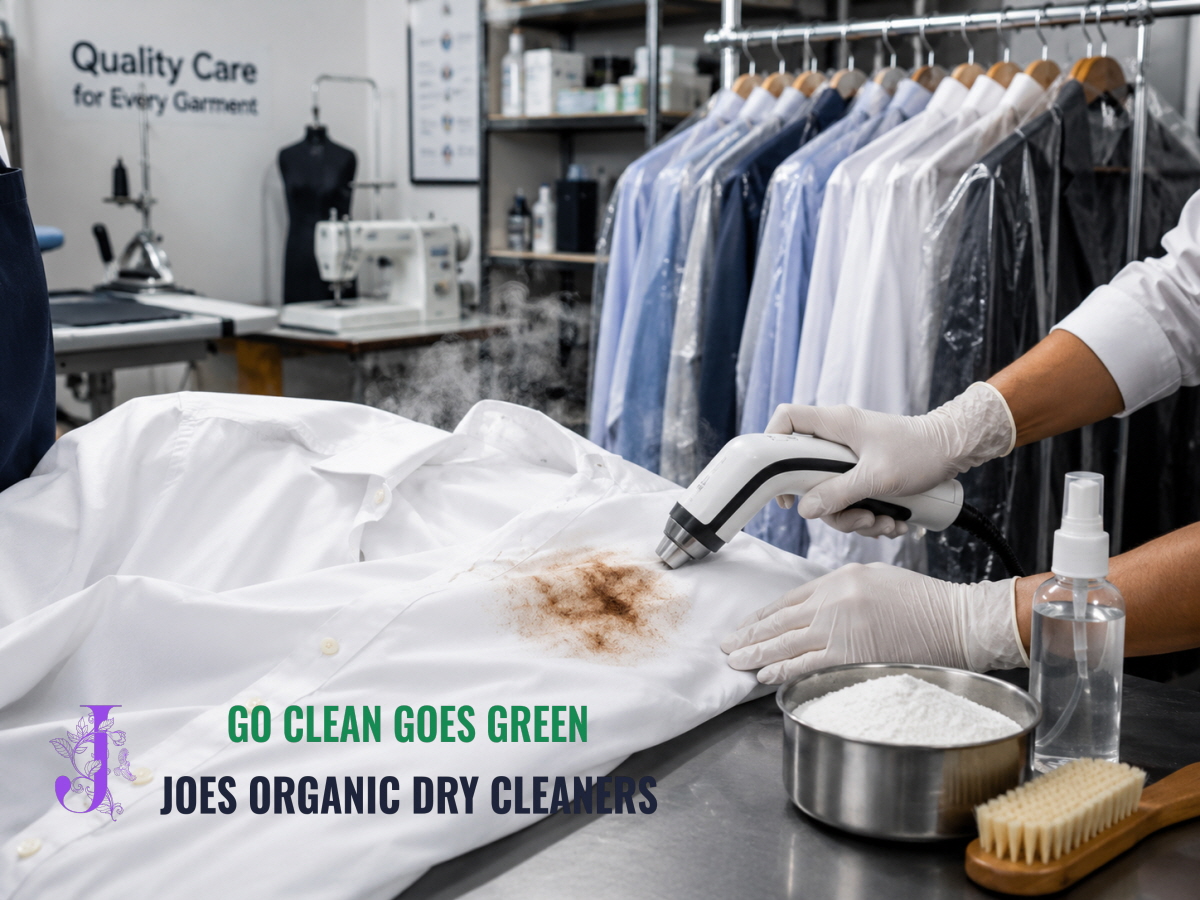 Professional stain removal and dry cleaning service at Joe’s Organic Dry Cleaners in Westbury NY